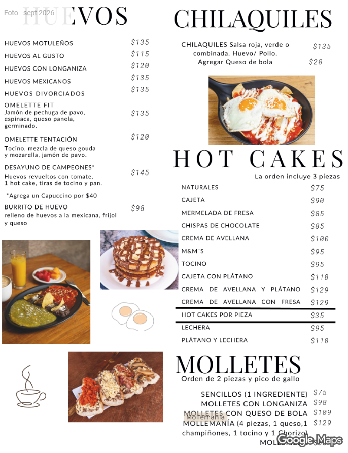 Huevos, chilaquiles, hot cakes y molletes
