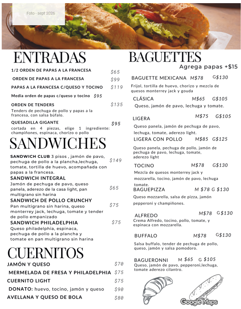 Entradas, sándwiches, cuernitos y baguettes