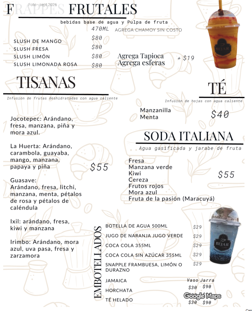 Frappés frutales, tisanas, té, sodas y bebidas